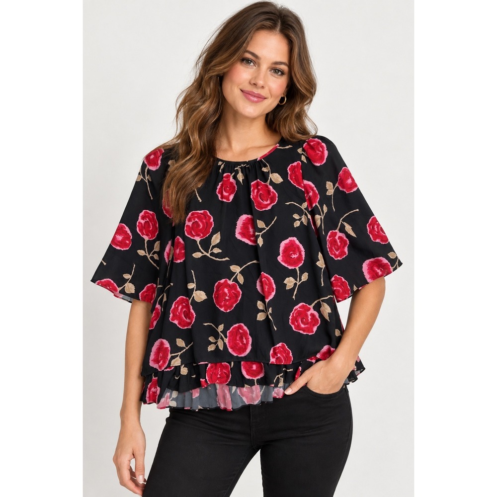 Kate Spade Live Colorfully Rose Floral Layered Blouse Women's Small Black